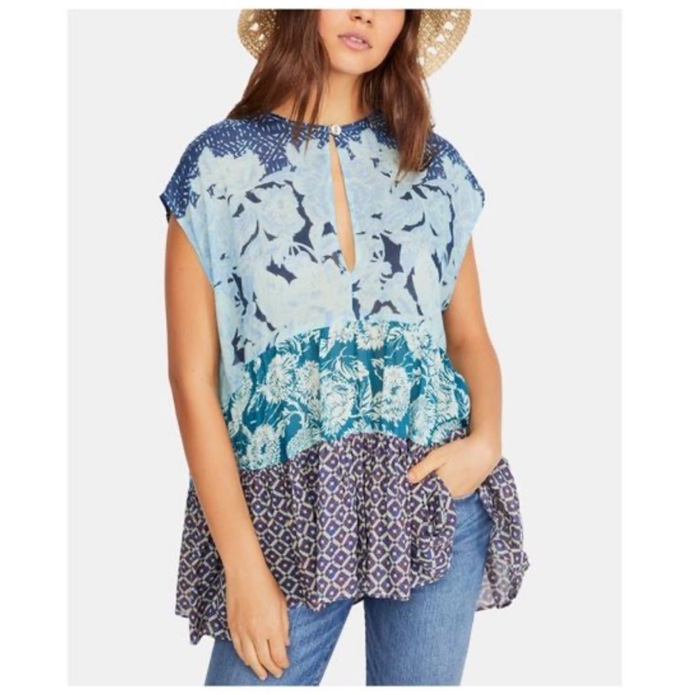 Free People Mixed-Print Tiered Keyhole Tunic in Light Blue and Navy 100% Cotton